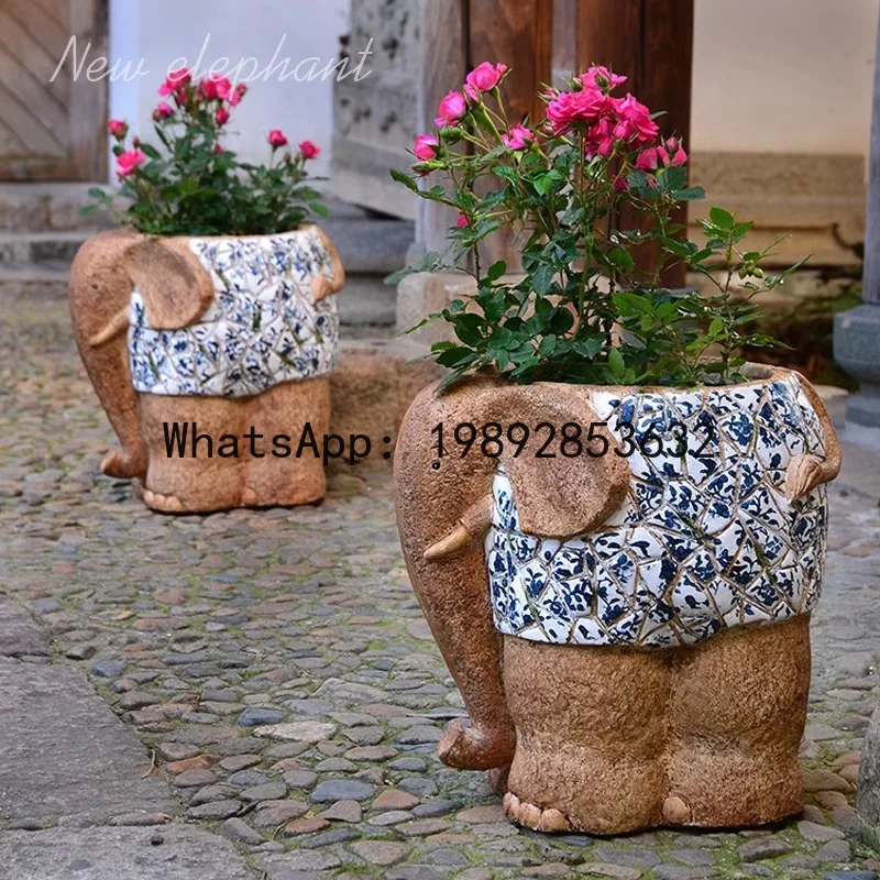 HYS blue and white elephant flower pot courtyard garden decoration villa door floor potted plant