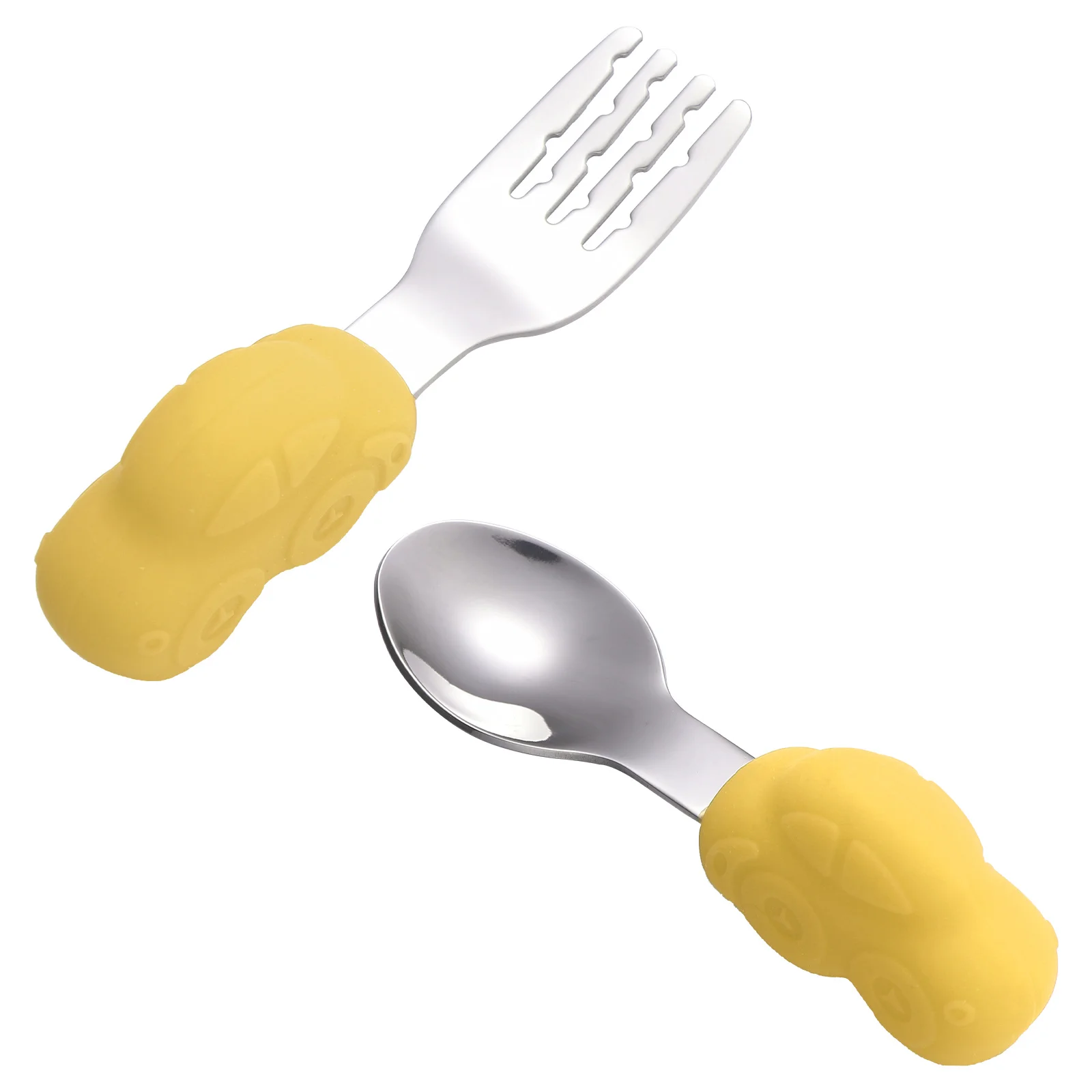 

1 Pair Baby Silicone Stainless Steel Fork Spoon Set Small Size Easy Grip For Toddler Training Utensils Kids Dining Cutlery