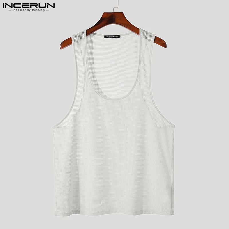 INCERUN Tops 2024 Korean Style Men\'s Perspective U-shaped Checkered Mesh Tank Tops Summer Casual Hot Sale Sleeveless Vests S-5XL