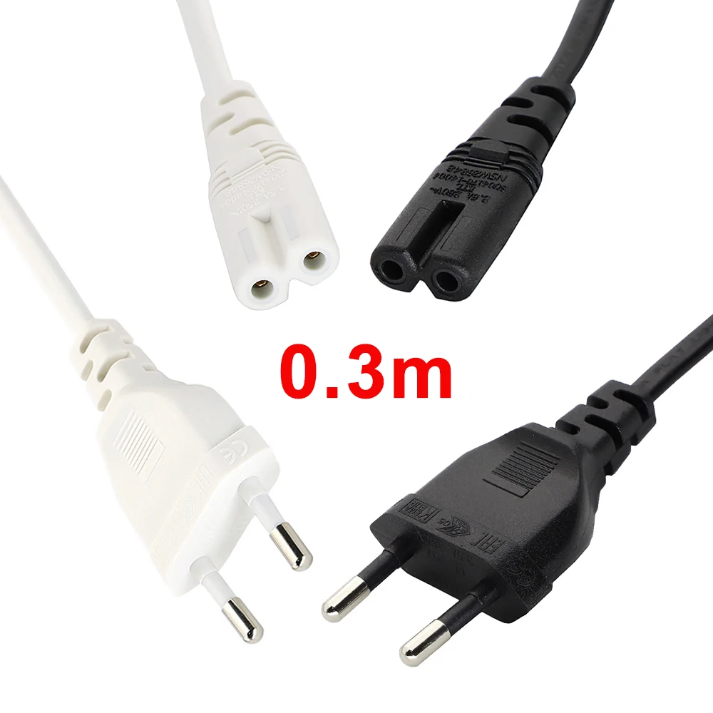 

30cm EU European Power Cable 2pin IEC320 C7 to CEE 7/16 AC Power cable Charger Extension Cord 2.5A 250V High quality Black/White