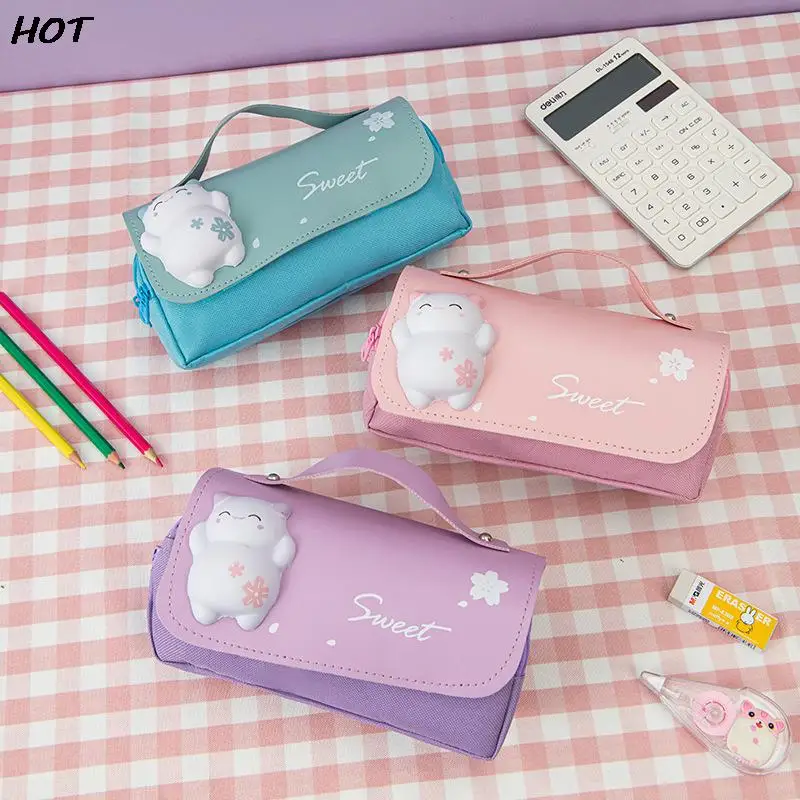 Cute Cat Large Capacity Stress Relieving Pencil Case Big Pencil Box Portable Girls Pen Bag Double Layer School Cosmetic Bag