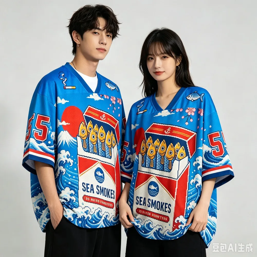 3D Print Sea Smokes Fish Box Japanese Wave Graphic Breathable T-Shirt Unisex Oversized VNeck Short Sleeve Couple Streetwear Tops