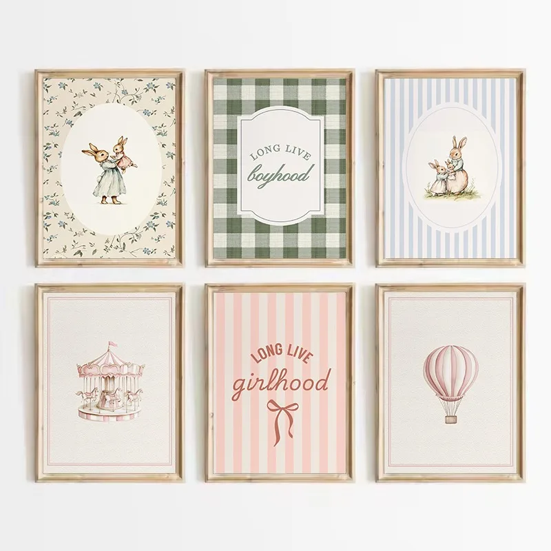 （2D Canvas painting） Vintage Carousel Hot Air Ballon Floral Rabbit Mother&Baby Girlhood Poster Canvas Painting Wall Art Pictu