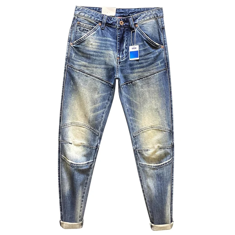 Street Designer Fashion Men Jeans High Quality Retro Blue Stretch Slim Fit Spliced Biker Jeans Men Patched Hip Hop Denim Pants
