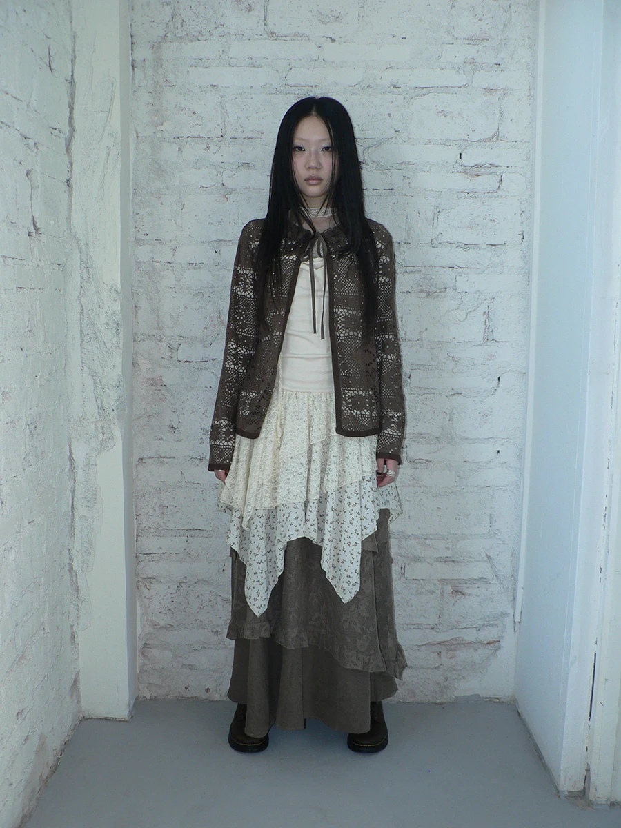 

Angproject New 08 Retro Knitted Long Sve Open Cardigan with Hook Flower Hollow out Belted Design Women's Premium Loose Fit