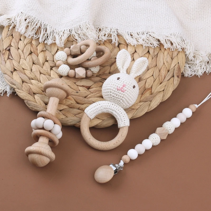 4-in-1 Teething Toy for Infant Silicone Bead Chain Handbell Rattle for Babies Crib Accs Kid Wooden Toy