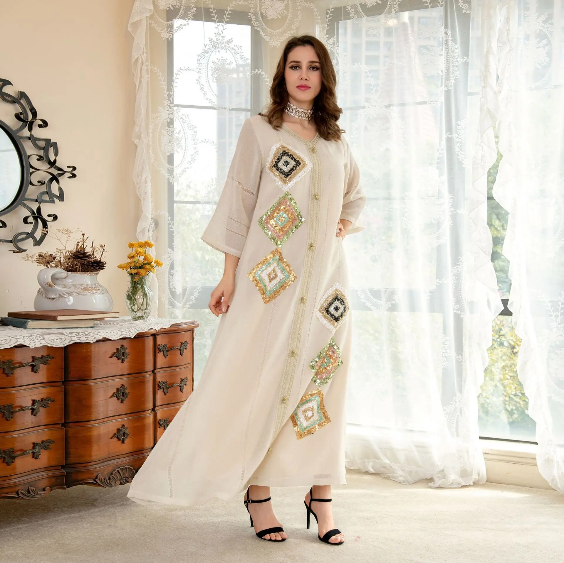 Ab185 abaya Muslim cotton linen temperament four sided bead embroidered skirt skin tone loose version fashion Robe