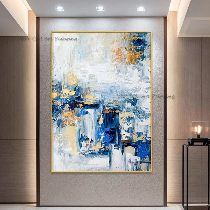 

Ручная роспись маслом, абстрактная картина на холсте, сине-золотые абстрактные линии, настенный декор, украшение для дивана, настенная роспись