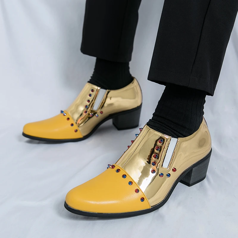 

6cm Heightening Men's Shoes British Style Pointed Toe Leather Shoes Night Club Hair Stylist High Heel Rivet Shoes Casual Fashion