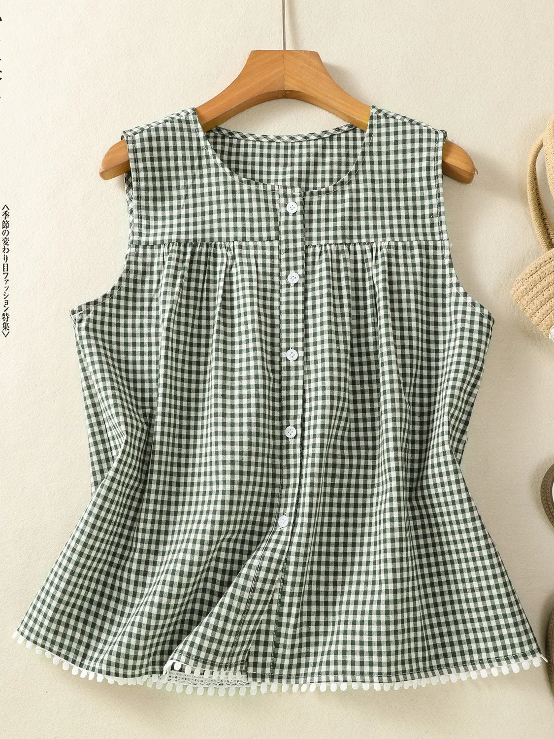 Green Plaid Cotton Linen Sleeveless Shirt Women Summer Anti-Aging Lace Slimming Cannon Shoulder Vest Small Shirt Open Cardiga...