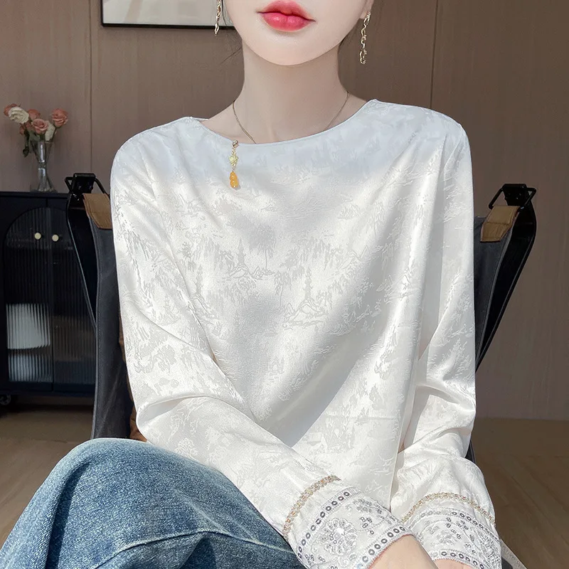 

Tops Women Top Round Neck Full Sleeve Print Floral Solid Y2k Streetwear Sequins Elegant Splice Casual Work Slim Fit 2026 Spring
