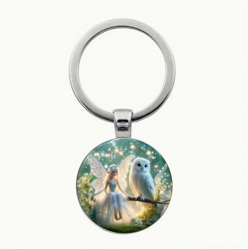 

Enchanting Fairy and Owl Keychain - Retro Style Zinc Alloy Angel Theme Pendant, Sparkling Starry Sky Background, Perfect for Lug