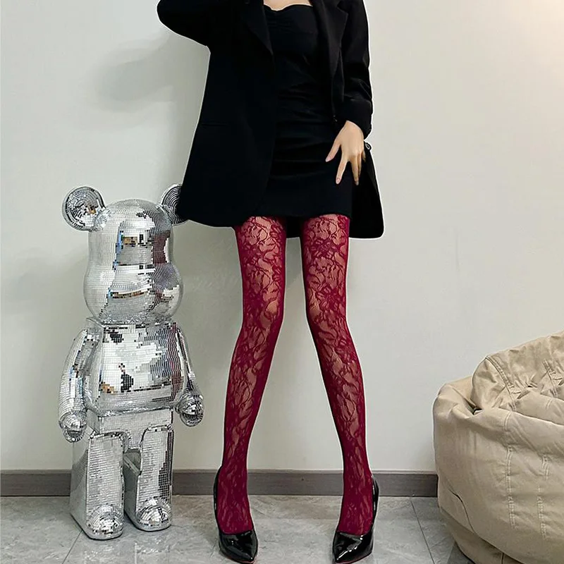 Women Fashion Design Stretch Mesh StockingsSexy Floral Tights Sheer Openwork Jacquard Lace Fishnet Pantyhose