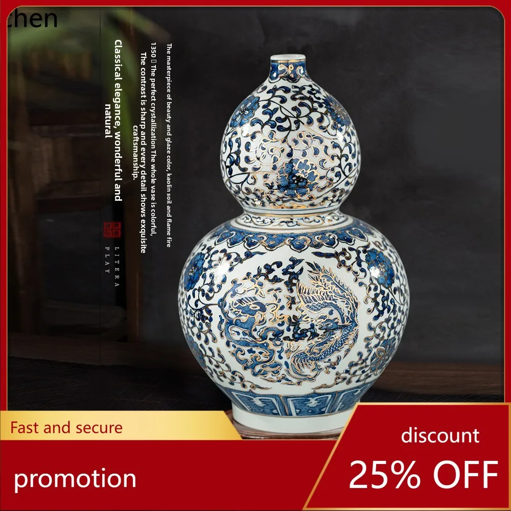 ZMLliving room Chinese vase hand-painted blue gold large porcelain vase flower arrangement decoration high-end ornament