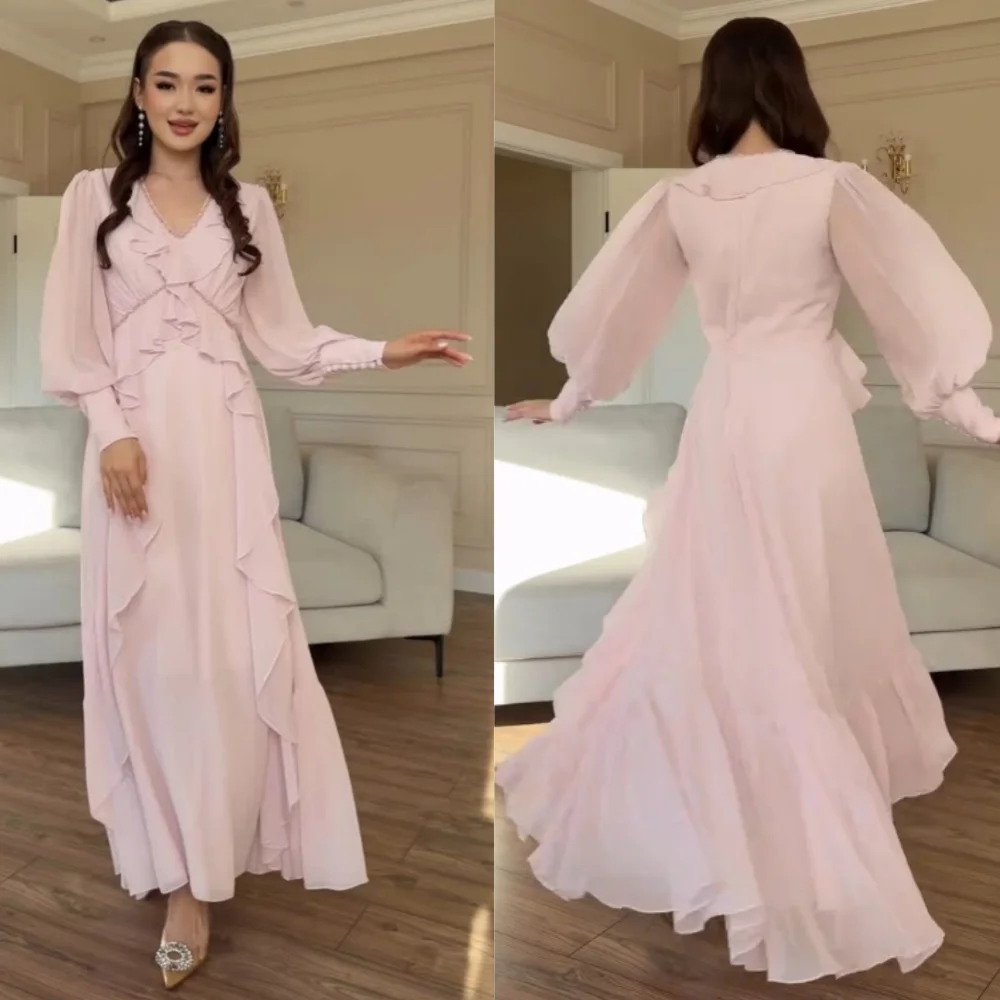 

Customized Fashion Chiffon Sequined Pleat A-line V-neck Midi Dresses Bespoke Occasion High Quality Simple