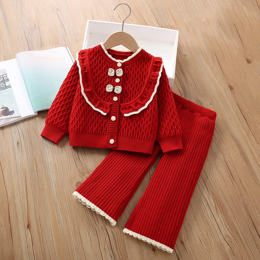 Girls Knitted Clothing Sets Spring Autumn 2026 Children Woolen Jersey Sweaters Coats Pants Princess Suit For Baby Outfits Kids 6