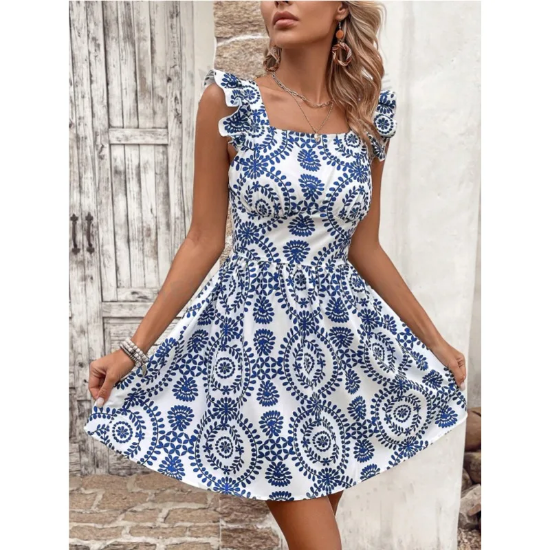 Sukienka damska codzienna wiosna lato 2025, kwiatowy wzór, koronkowe wykończenie, ramiączka, pełny nadruk, kokarda, mini, regularna linia talii.