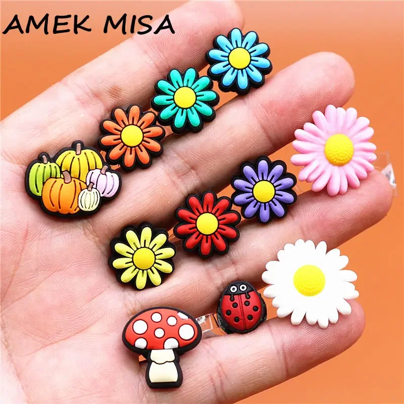 Dropshipping 1pc Cute Pumpkin Mushroom PVC Shoe Charms Daisy Accessories Bee Ladybug Flowers Decorations fit Bracelet Kids Gifts