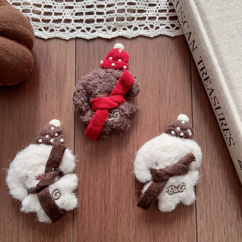 Plush Cartoon Pug with Scarf Hair Brooch Pin Cute Handmade for Bag Shoes Hat Scarf Clothing Trim