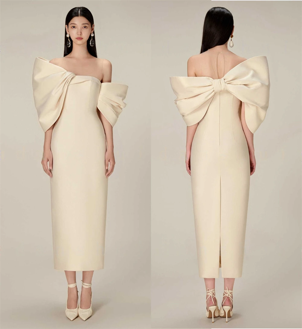 

Customized Champagne Jersey Evening Dress Exquisite Strapless Off the Shoulder Prom Dress Delicate Special Occasion Gowns