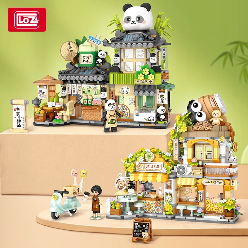 LOZ Panda Teahouse Little Bear Coffee Shop Folding Street View Building Block Assembling Movable Ornament Model Anime Collection