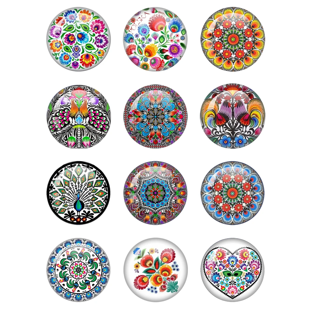 Polish Folk Art Patterns Classical Flower Print 12mm/14mm/16mm/18mm/20mm/25mm Glass Cabochon Flat Back Making Findings Jewelry F