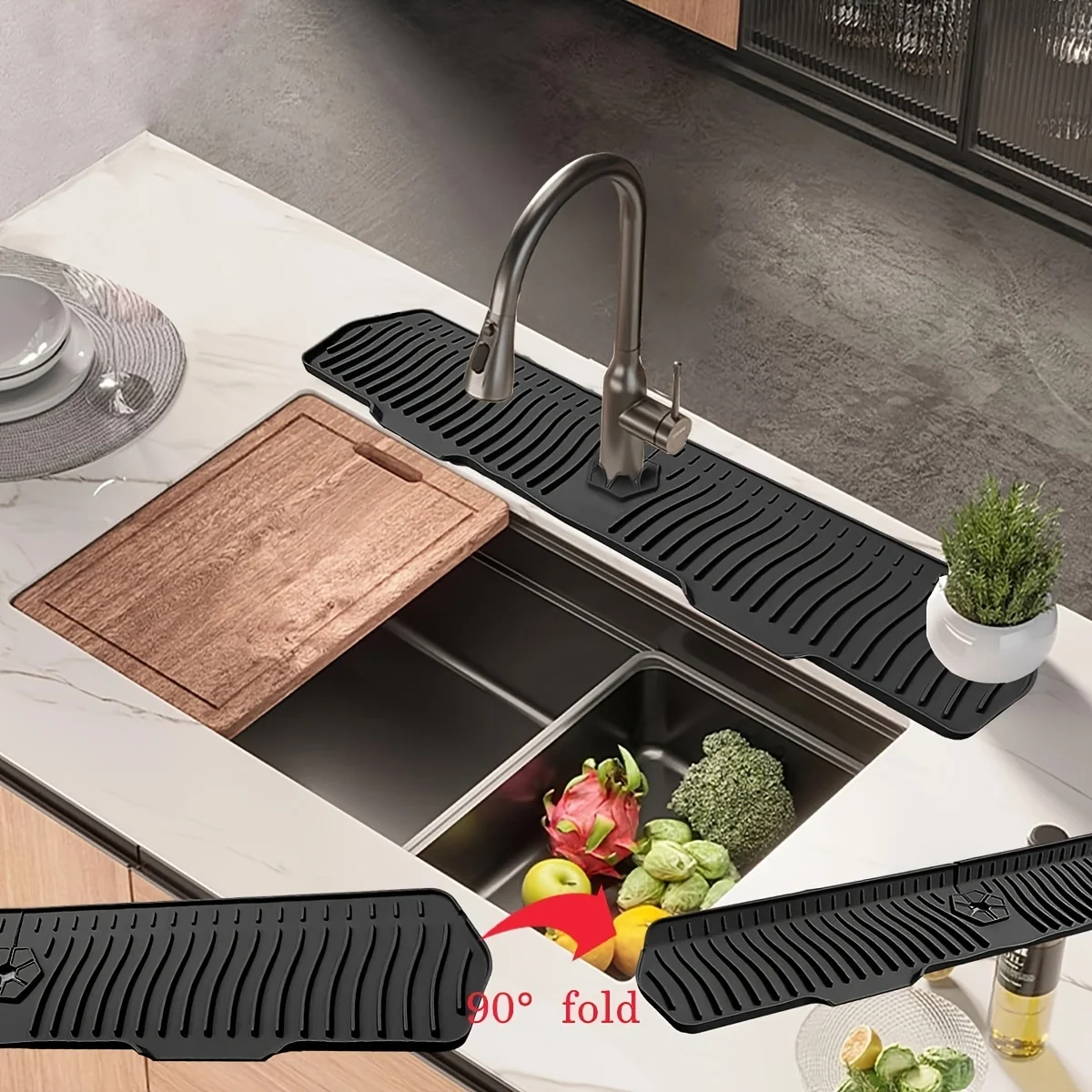 30Inch Kitchen Silicone Faucet Mat Water Catcher Mat Sink Large Size Splash Pad Countertop Drain Drying Protector Bathroom