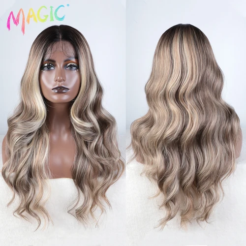 Imagen 1 del producto Pelucas delanteras de encaje sintético ondulado de cuerpo mágico para mujeres negras, peluca de encaje resaltada marrón ombré de 28 pulgadas con peluca de Cosplay de pelo de bebé