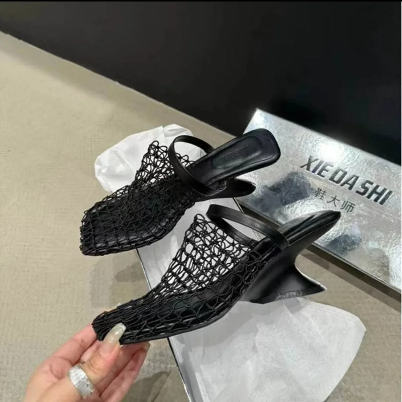 Women Slippers Fish Mesh Hollow Ballet Slippers Women Summer 2024 New Fashionable Heels Sandals Slides Women Zapatos De Mujer