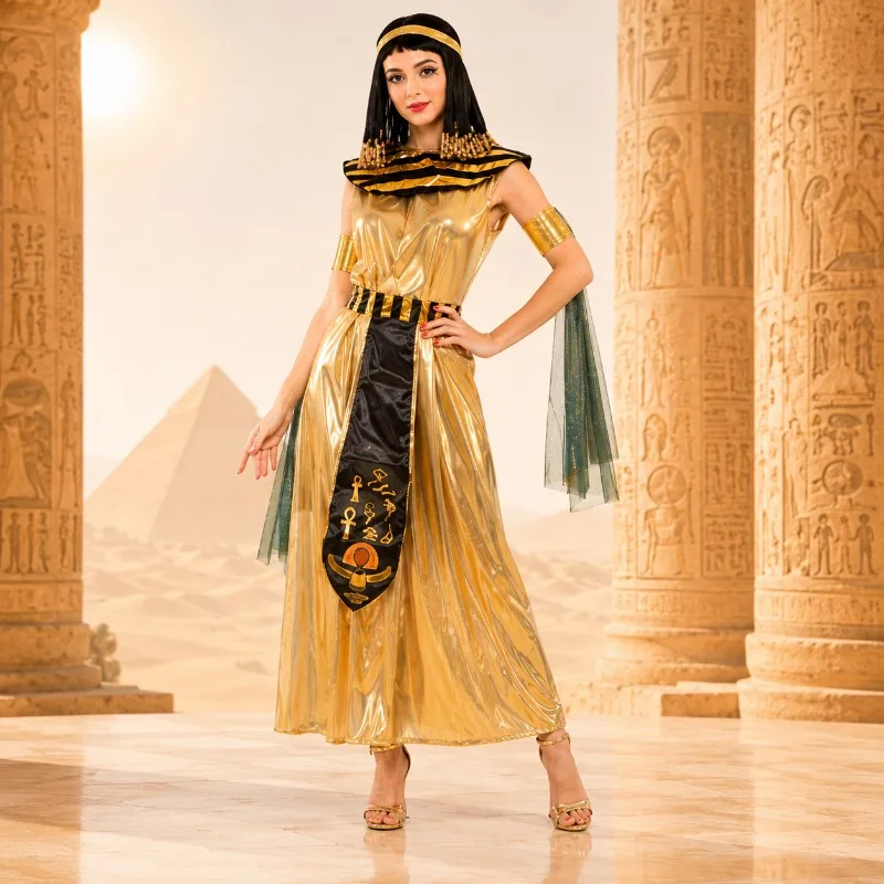 ヴィンテージの金色のロングガウン衣装、古代文明スタイルの女性用コスチュームドレス、テーマイベント用