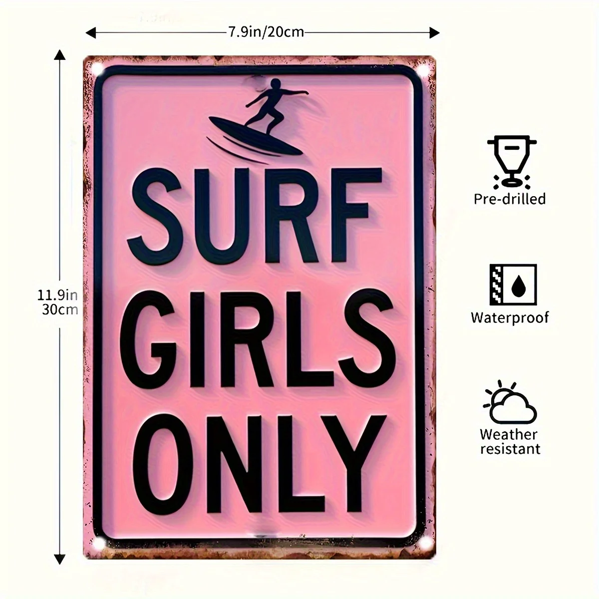 Vintage Surf Girls Only Metal Wall Art - Letrero retro rosa y negro para surfistas, alta calidad y resistente a la intemperie para interiores/exteriores D