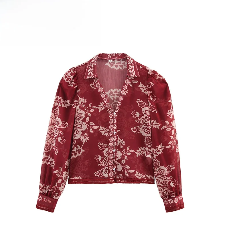 

ZBZA Spring New Women's Faion Design Ethnic Print V-Ne Long Sve irt Casual Slim Fit Polyester Fiber Regular Length