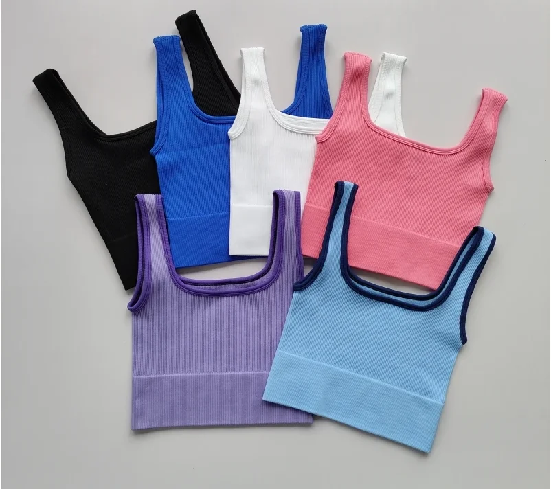 Women Yoga Vest Gym Sports Crop Tops Seamless Sleeveless Rib-Knit Fitness Running Vest Short Ves Without Pad Gym Yoga Top Female