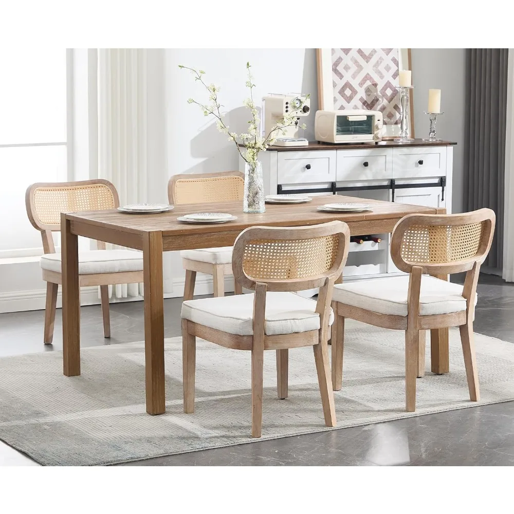 

Rattan Dining Chairs Set of 4, Upholstered Dining Room Chairs with Cane Backrest Farmhouse Natural Wooden Frame Kitchen Chairs