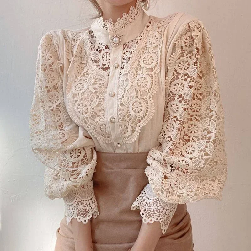 

Women Chiffon Button Turtleneck Shirt Chic Elegant Floral Lace Fluffy Long Sleeve Top Fashion Hollow Oversize White Blouse 2025