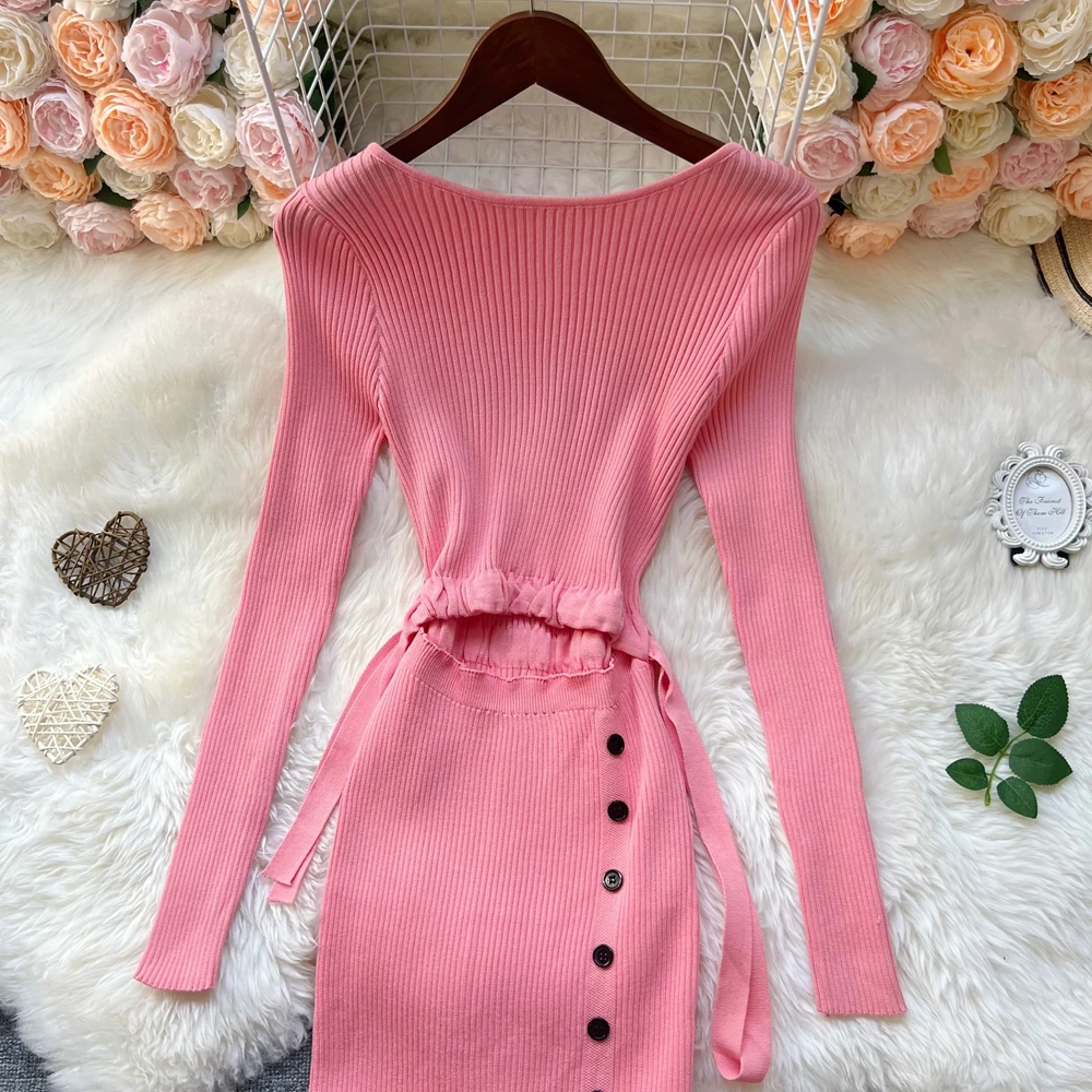 YuooMuoo – robe une pièce Chic, mode, ventre nu, boutons Y2K, Sexy, paquet de hanches, tricotée, robe de soirée pour dames, automne 2025