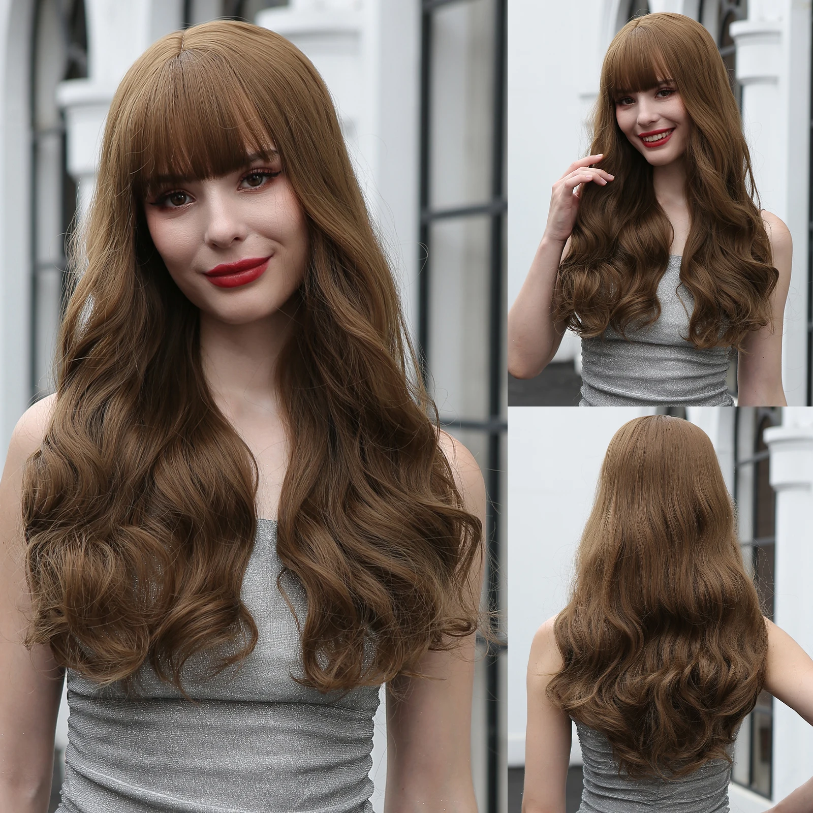 

HENRY MARGU Synthetic Natural Long Brown Wavy Wigs for Women with Bangs Cosplay Party Daily Heat Resistant Fiber Wigs