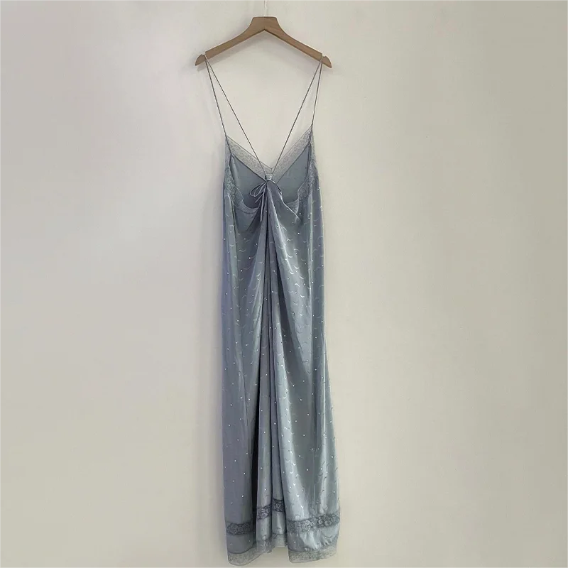 Zadig Women Summer Long Robe Casual Lace Silk Camisole Dresses Female Fashion Blue Jacquard Rhinestone Wing Robe Lady Sexy Dress