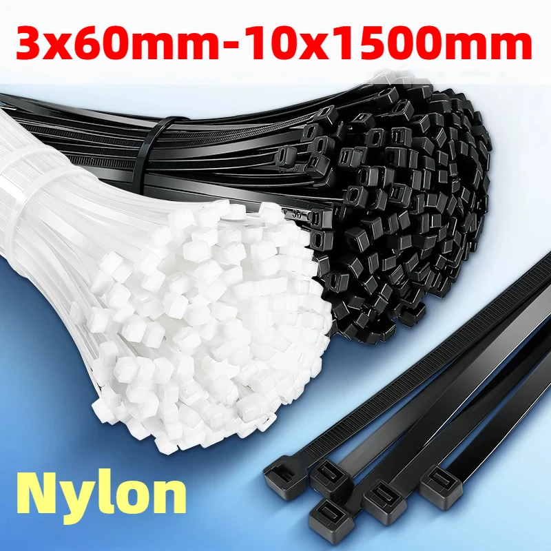 3x60mm-10x1500mm Self-locking Plastic Nylon Tie Black/White Cable Tie Fastening Ring Cable Zip Wraps Strap Nylon Cable Tie Set