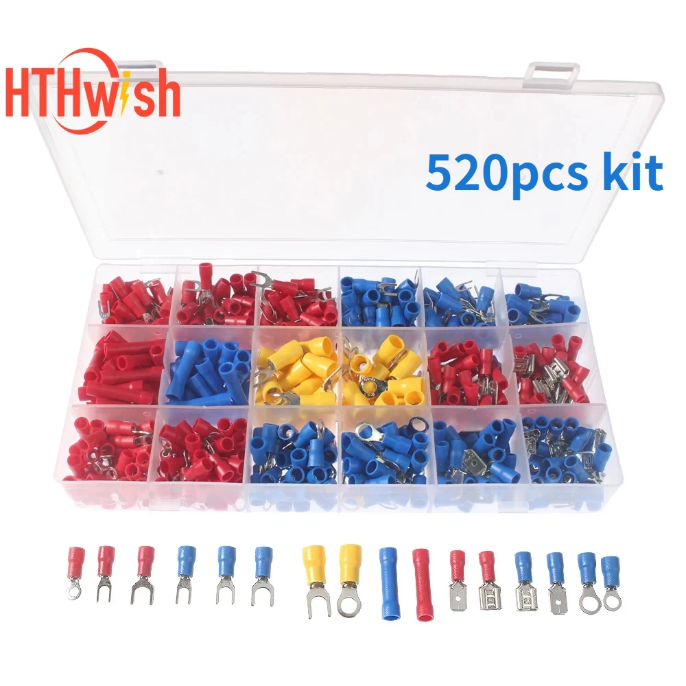 

520PCS Electrical Wire Connector Set Ring Spade/Butt /Fork/Male/Female Insulated Wire Terminals Kit Crimp Connectors
