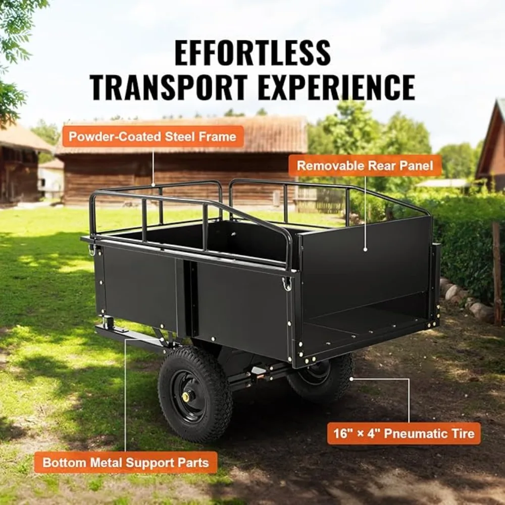 Heavy Duty ATV Trailer Steel Dump Cart, 750-Pound 15 Cubic Feet, Garden Utility Trailer with Removable Sides