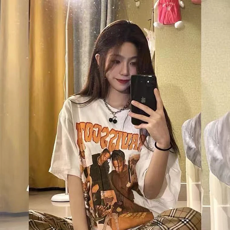 DAYIFUN-Women's Vintage Short Sleeves T-Shirts Oversize O-Neck Tops Graphic Figure Printing Clothing Tees Clothes HipHop Style