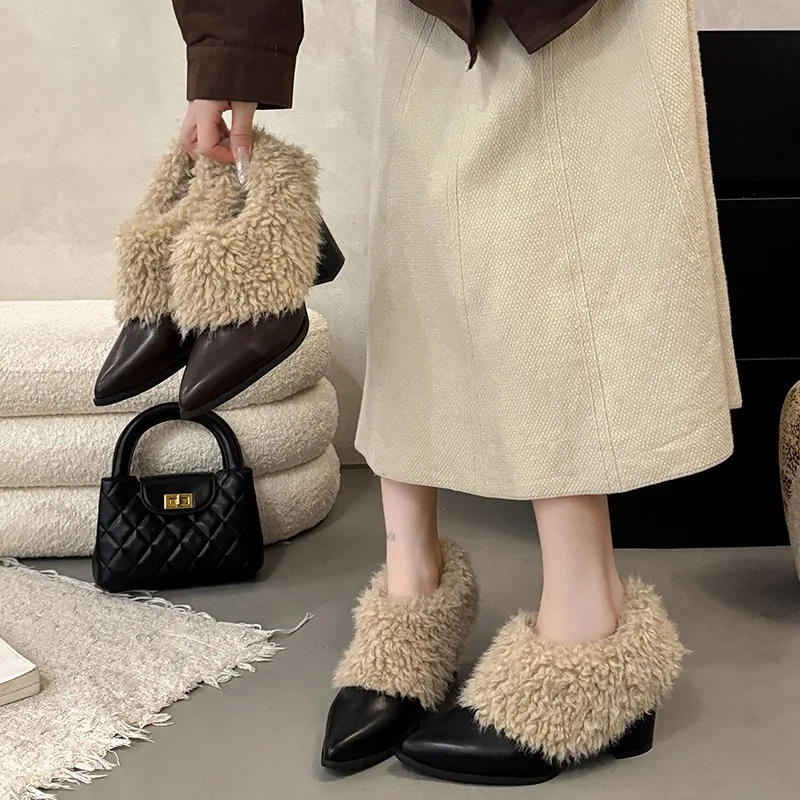 French Retro Style Plush Shoes Brown Women's Autumn Winter Fashion Faux Fur Warm Short Boots Pointed Toe Chunky Heel Botas Mujer