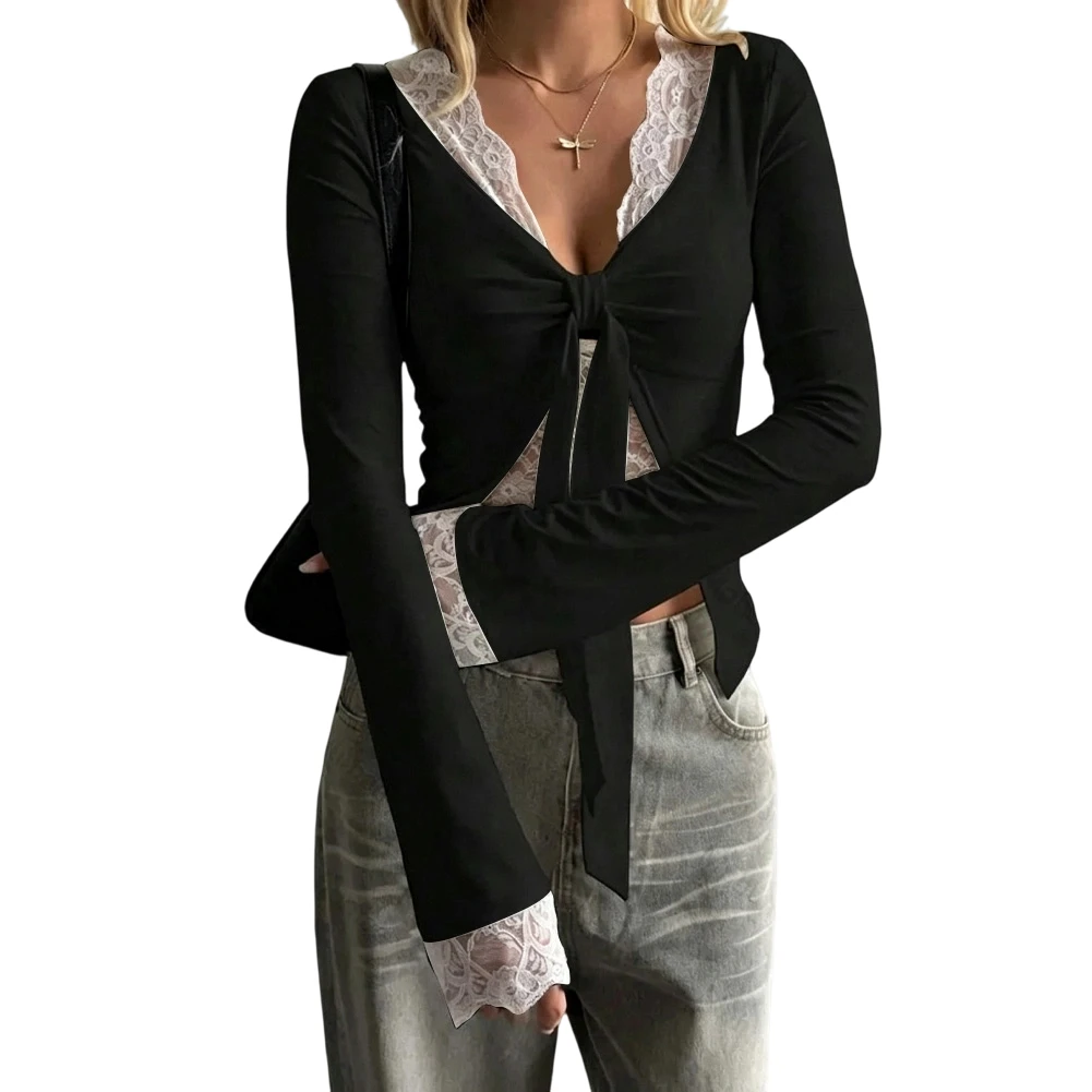 Lace Splicing Shirt Women Lace T-shirt Regular Clothing Length Long Sleeve Style Solid Color Pattern For Casual Daily Life