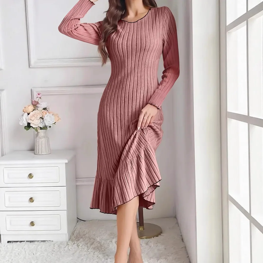 

New autumn and winter European and American dresses long sleeves solid color lace fashion women's clothing