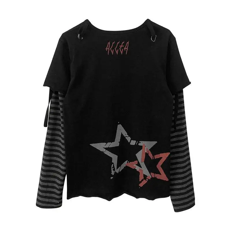 Autumn Winter Y2K Subculture Tshirt Long Sleeve Faux Two Piece Harajuku Loose Punk Tees Casual Rock Emo Grunge Aesthetic Tops