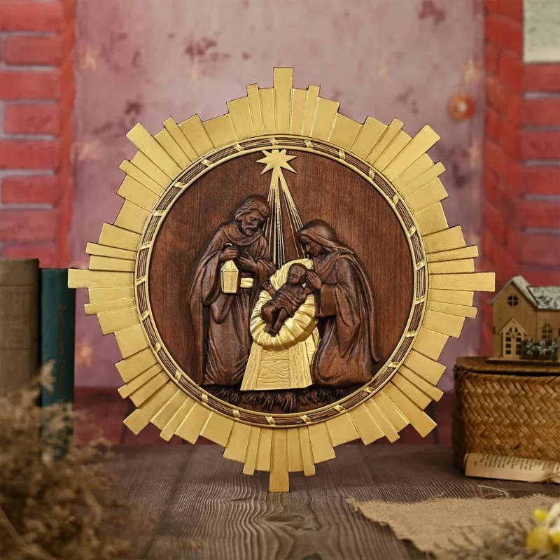 Three-Dimensional Relief Handicraft Wooden Jesus Birth Solid Wood Hand Carving Holy Family Decoration Ornaments