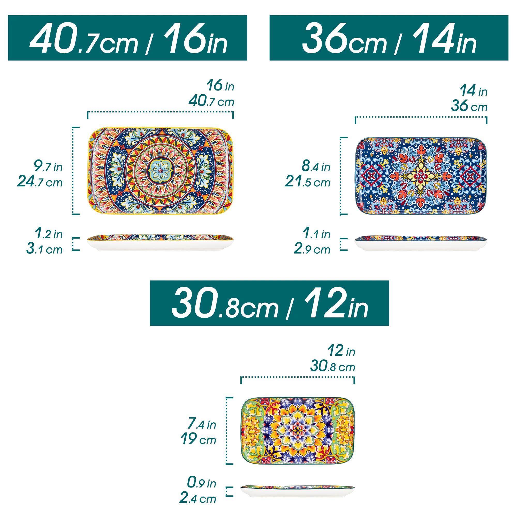 Vancasso 3/6 Piece Long Plate Ceramic Salad Plates Set 3 Size Rectangular Dessert Plates for Cake/Salad/Appetizer Oven Safe