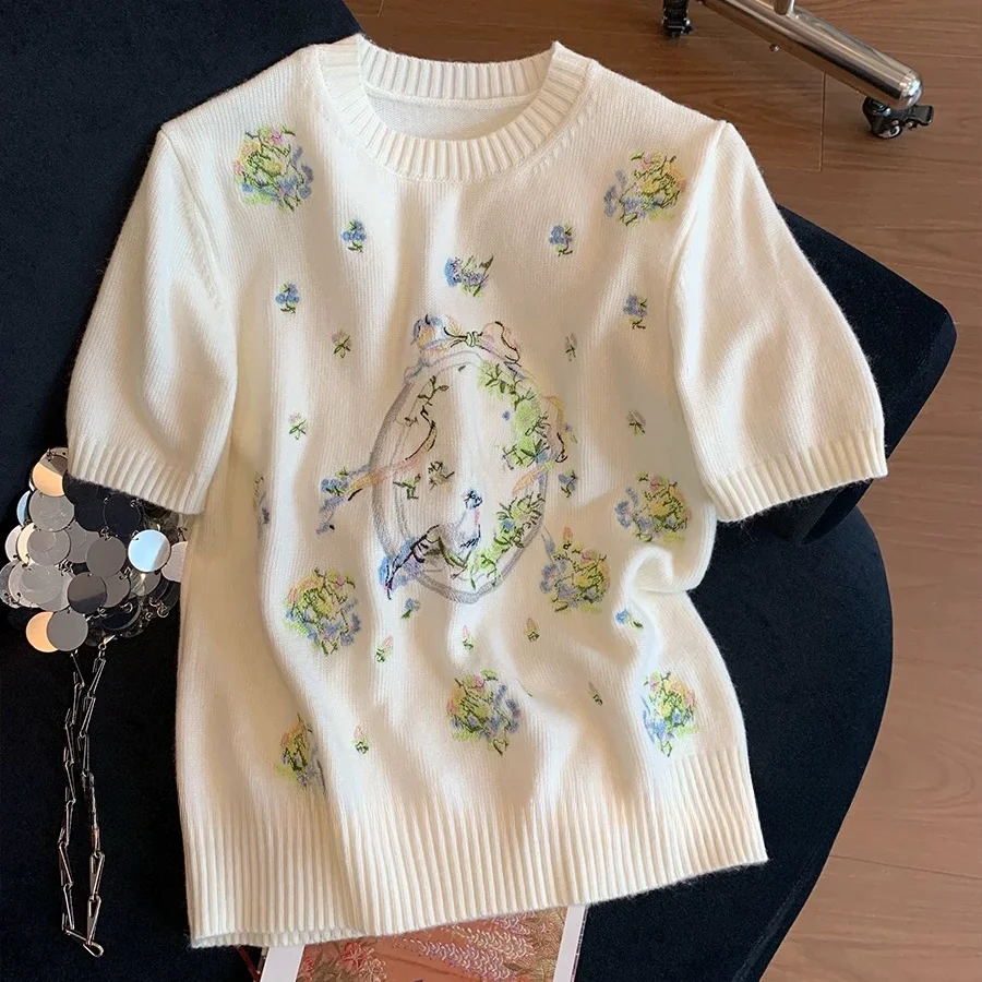 

Y2k Soft Printed Knit T-shirt Short-sleeved Top Women's Design Streetwear Vintage Harajuku T-shirt Knitwear Trendy Fairy Grunge