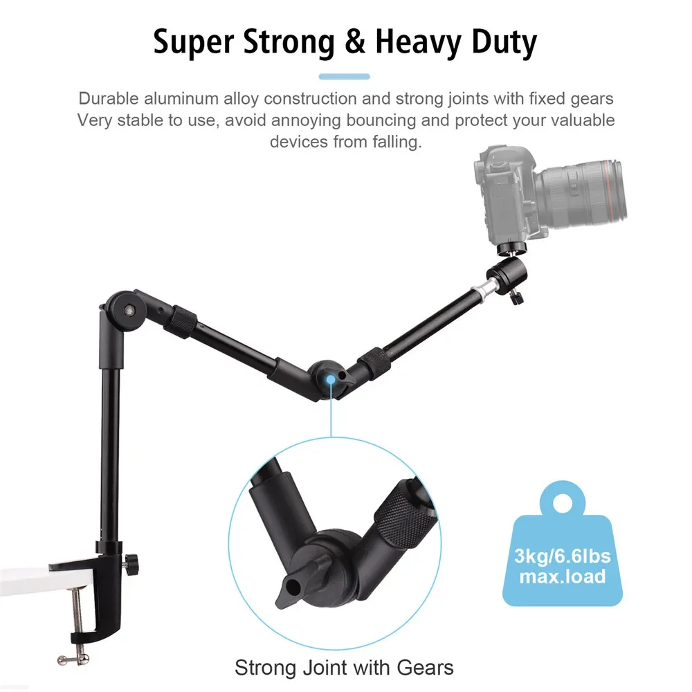 Webcam Stand Camera Mount with Phone Holder,24 Inch Foldable Gooseneck+Clamp Mount for SLR/Smartphone/Flash/Ring Light/Projector